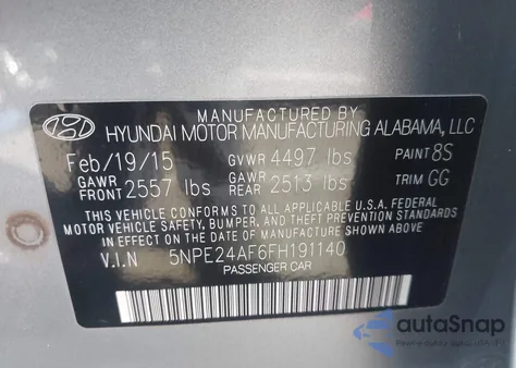 2015 Hyundai Sonata Se z USA, uszkodzony, nr VIN 5NPE24AF6FH191140